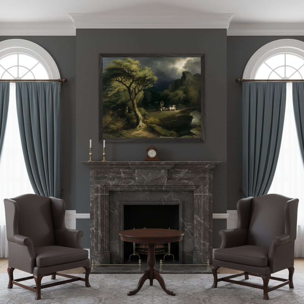40×50 cm framed print of A Thunderstorm: The Frightened Wagoner by James Arthur O’Connor above a stone fireplace in a Georgian drawing room, stormy sky tones, antique candlesticks and dark wood furniture.
