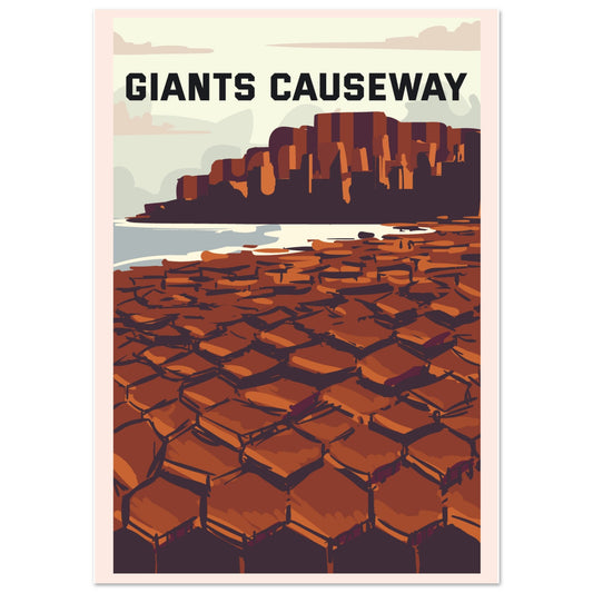 A4 print of vintage Giant’s Causeway travel poster featuring basalt columns and Irish coastal scenery.