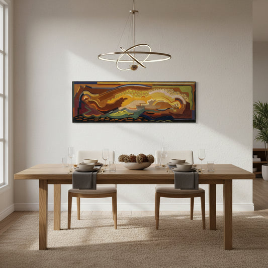 Abstract Composition – Mainie Jellett Abstract canvas art print hanging above a wooden dining table, contemporary lighting pendant overhead, soft natural shadows, earthy neutral tones, stylish table setting, premium home interior style, photorealistic.
