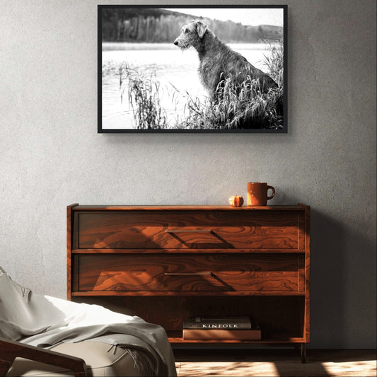 Artistic portrayal of an Irish Wolfhound, a symbol of Ireland's history and folklore. Noble stance and strength captured in framed print. Ideal for dog lovers and admirers of Irish heritage.