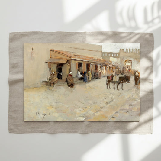 Large 60×90 cm unframed archival print of El Asha (1891) by Sir John Lavery – Tangier Kasbah scene. unframed archival print resting on light linen fabric. Soft natural daylight, gentle shadows, artisanal fine-art photography style.