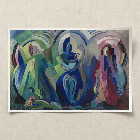 Unframed museum-quality print of The Virgin of Éire laying flat on textured linen surface, soft side-lighting, subtle paper curl at one corner, visible fine art paper texture, 4K product shot.