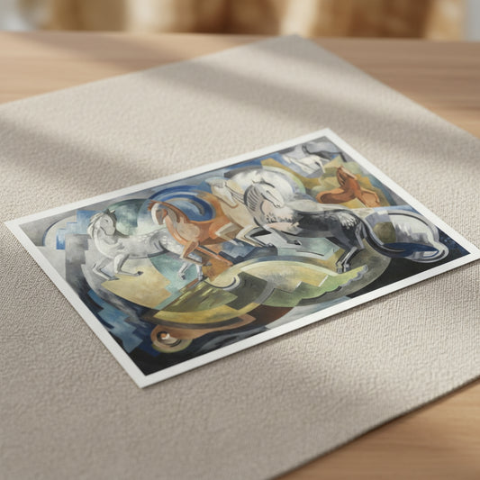 Reproduction print of 'Achill Horses' (1941) by Irish Artist Mainie Jellett, featuring abstract horses and swirling green and blue landscape inspired by Achill Island.