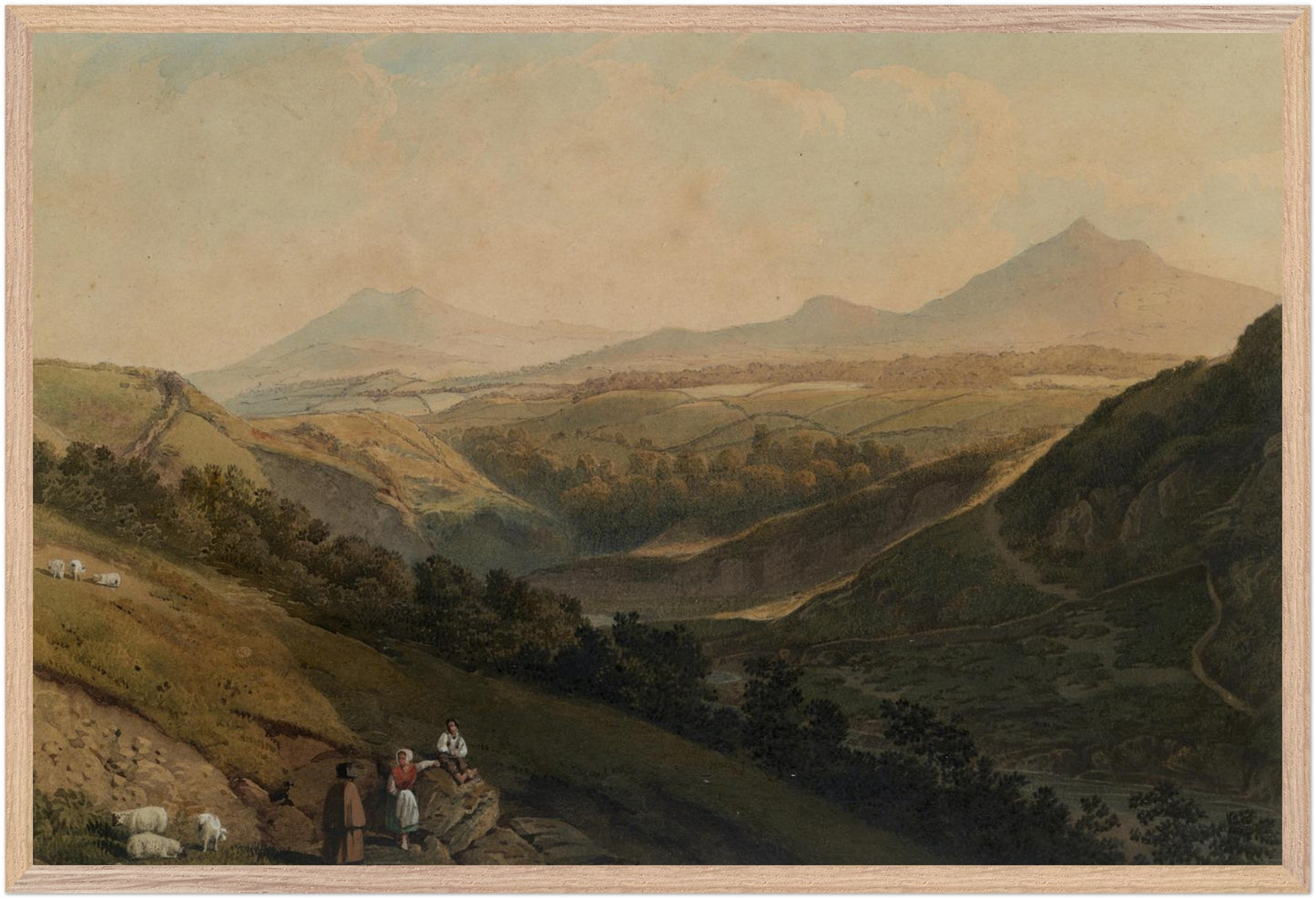 Large natural wood framed Little and Great Sugar Loaf landscape by Henry Newton in a warm interior