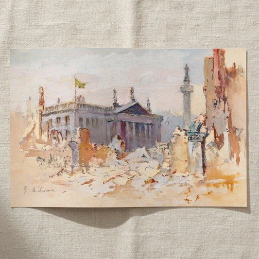 The Ruins of O’Connell Street, 1916, unframed archival art print resting on light linen fabric in soft natural daylight