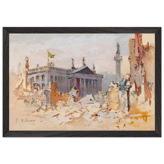 The Ruins of O’Connell Street, 1916 by Edmond Delrenne, museum-quality art print in a sleek black wooden frame, depicting the destruction of O’Connell Street after the Easter Rising