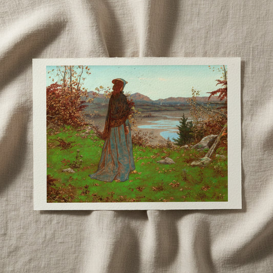 Woman in an Autumn Landscape by William J. Hennessy, unframed archival art print resting on light linen fabric in soft natural daylight