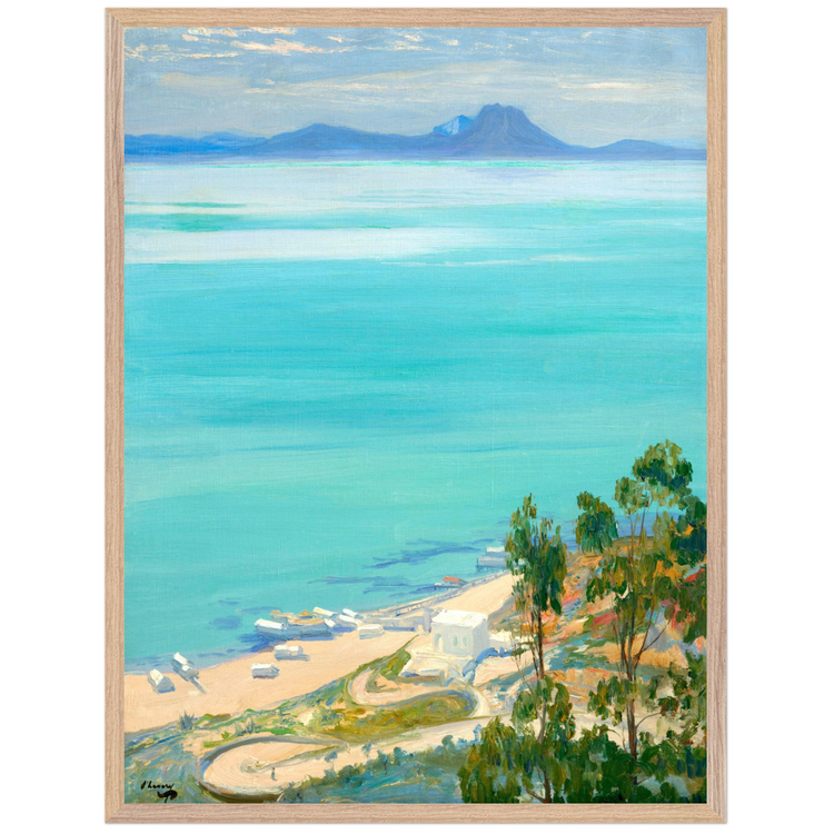 The Bay of Tunis, Morning by Sir John Lavery – Irish landscape art print in light oak frame styled in a neutral interior