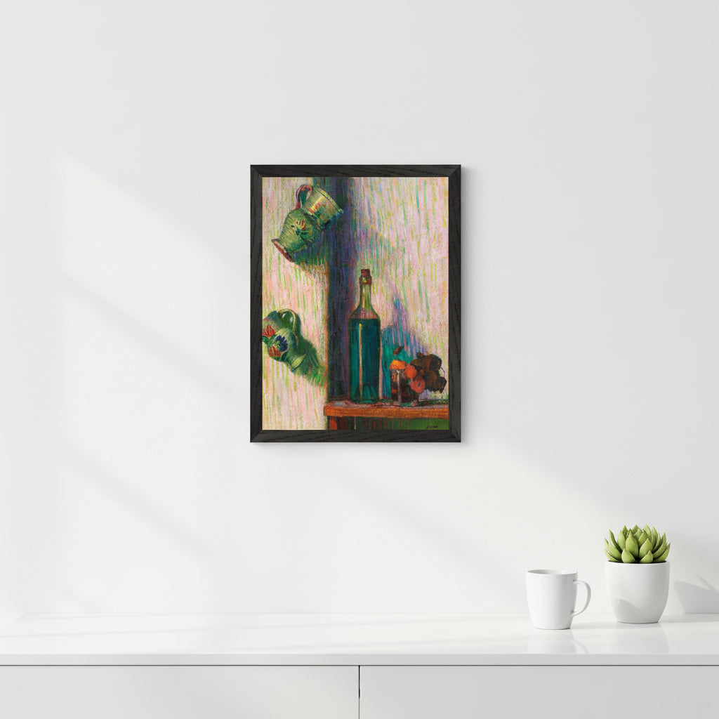 A 30×40 cm black-framed Flowers, Bottle and Two Jugs art print displayed in a minimalist home office. White desk, ceramic mug, greenery, soft daylight. Styled for a 30–40-year-old woman who values clean, curated workspace aesthetics.