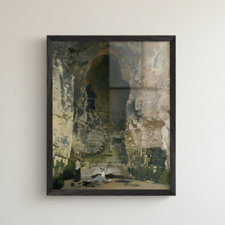 Luxury contemporary interior showing a 40×50 cm (16×20″) black hardwood gallery frame containing ‘Digby Cave No. 1’ by Sir William Orpen. Display the frame at exact scale with deep matte-black finish, clean edges, and subtle glazing reflections. Neutral wall, soft diffused daylight, premium fine-art presentation, photorealistic and uncluttered. Buy Irish Art