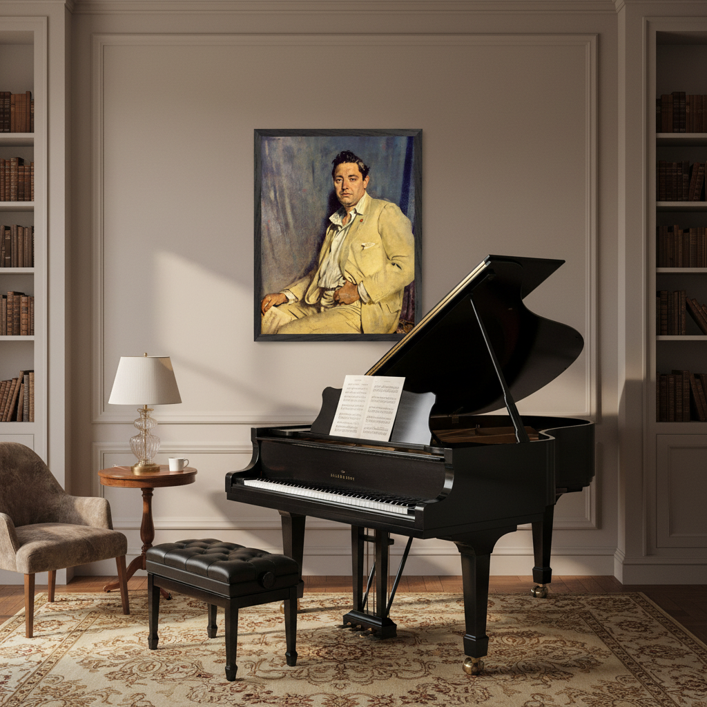 A 40x50cm portrait fine art print of Count John McCormack (1923) by William Orpen hanging above a grand piano, refined music room interior. Buy Irish Art