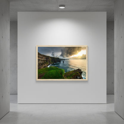 60×90 cm print on gallery-white wall, under directional spotlighting in a minimalist concrete hallway.