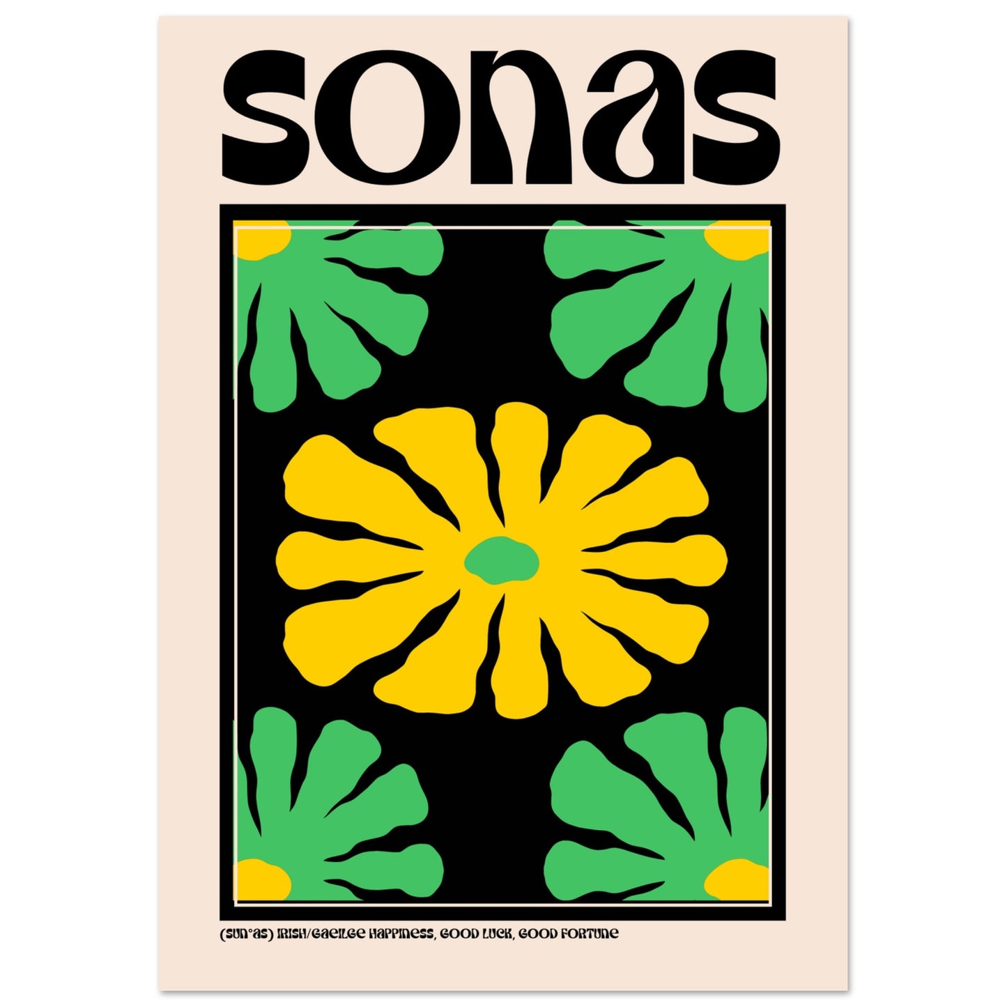 A2 large “Sonas” art print with striking yellow and green flower design representing happiness.