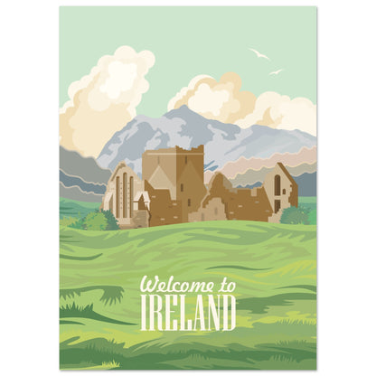 A2 large unframed “Welcome to Ireland” travel illustration featuring Irish castle and rolling fields.
