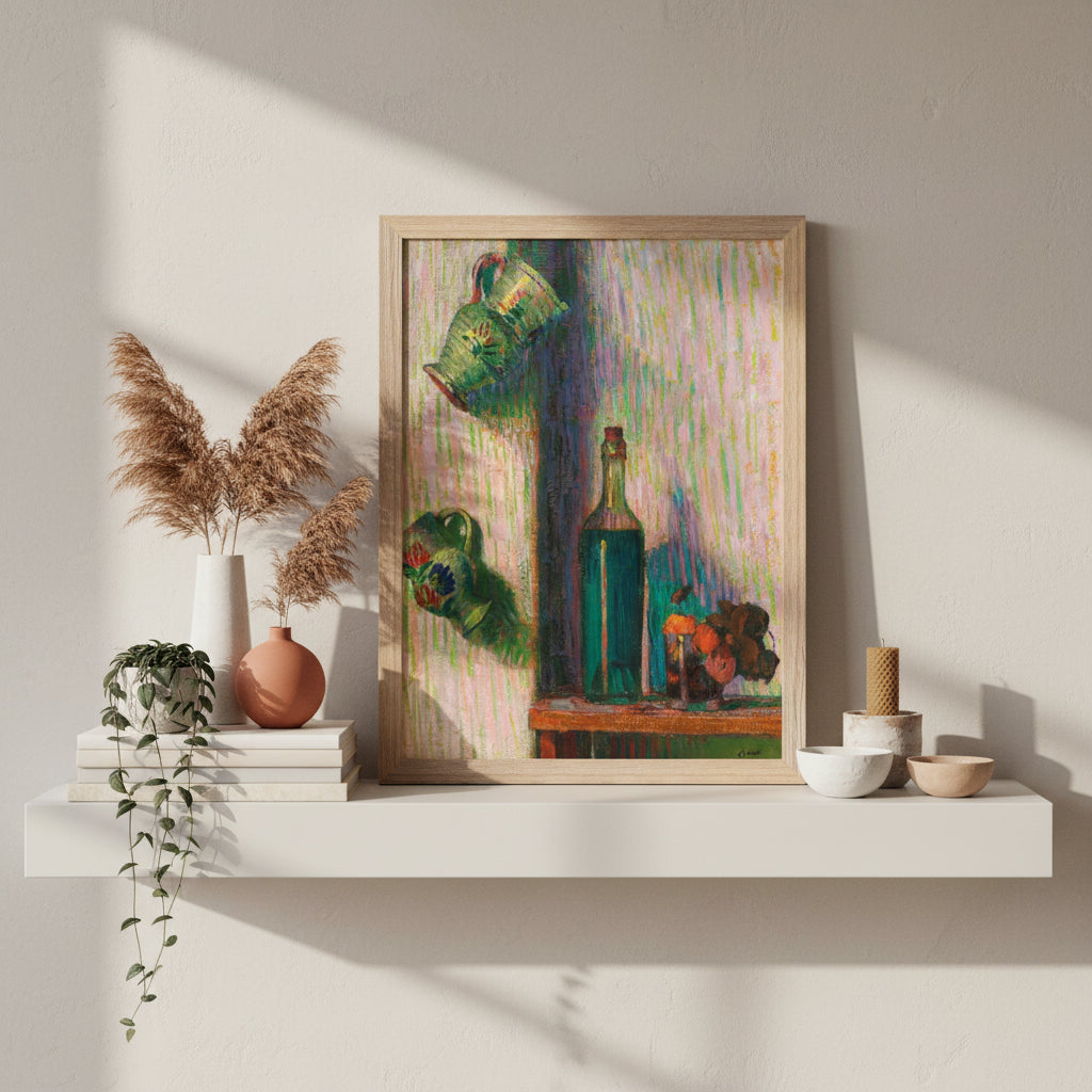 A 30×40 cm natural wood-framed O’Conor still life displayed on a shelf with books, candles, small plants and ceramic décor.