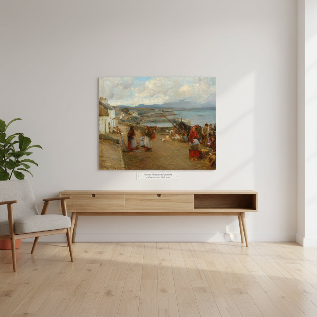 A 40×50 cm unframed Collector’s Edition art print of “Life in Connemara, A Market Day” by Walter Frederick Osborne displayed in a bright Scandinavian-style living room. Clean white walls, soft natural daylight, oak floors, minimal furnishings, subtle shadows, premium gallery presentation.