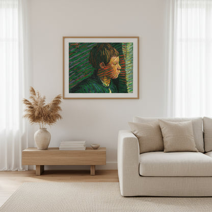 A 40x50 cm framed Breton Boy in Profile art print displayed in a coastal-inspired luxury home with whitewashed walls, 