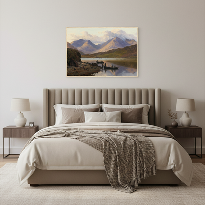 Framed museum-quality print of A View of the Killaries, from Leenane by Bartholomew Colles Watkins, capturing Ireland’s scenic fjord, tranquil waters, and rugged Connemara mountains. Buy Irish Art framed landscape print above a taupe or oatmeal-coloured upholstered bed, textured blankets, soft natural light, Irish coastal calm atmosphere. A View of the Killaries