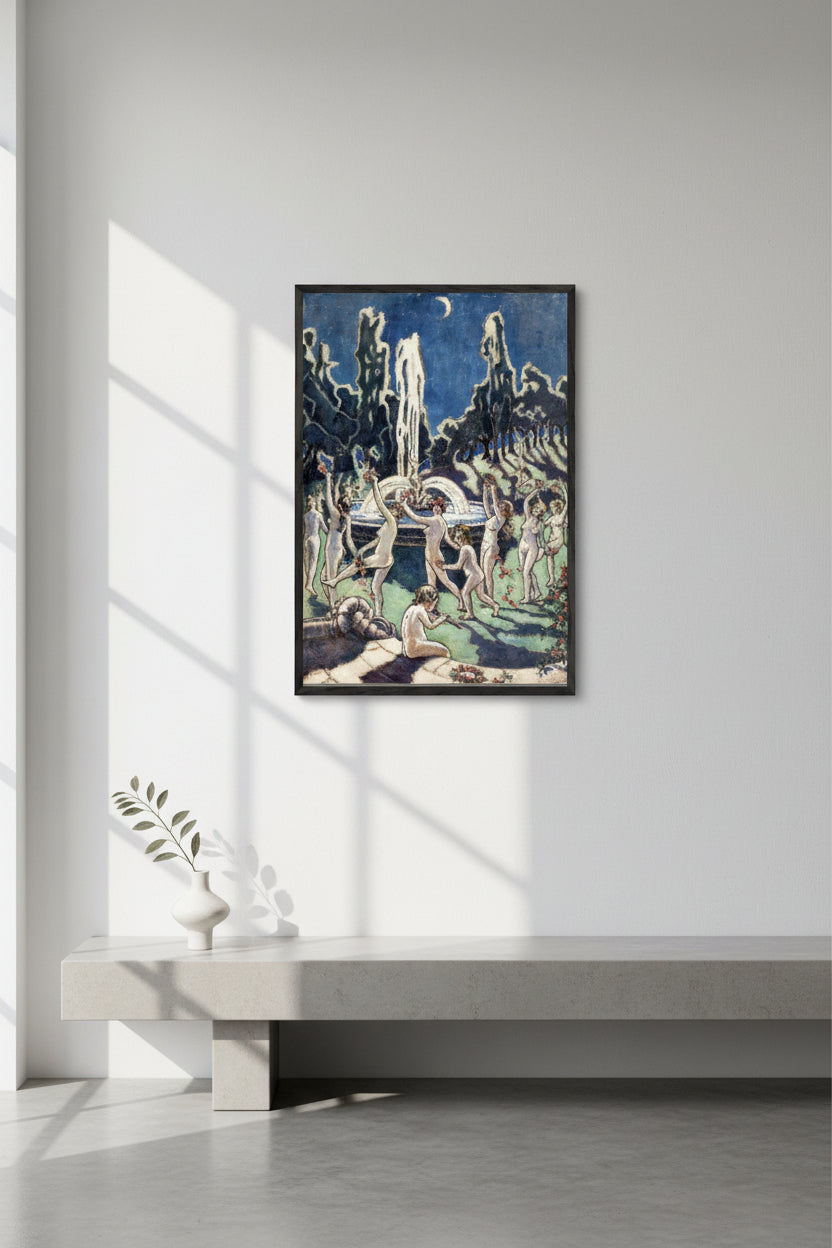 A museum-quality framed Irish art print of Mainie Jellett’s “Nudes Dancing Round a Fountain by Moonlight” in a sleek black hardwood gallery frame, styled in a contemporary interior with soft natural lighting, clean walls, and subtle shadows. Premium art showcase photography, high-resolution, editorial finish.