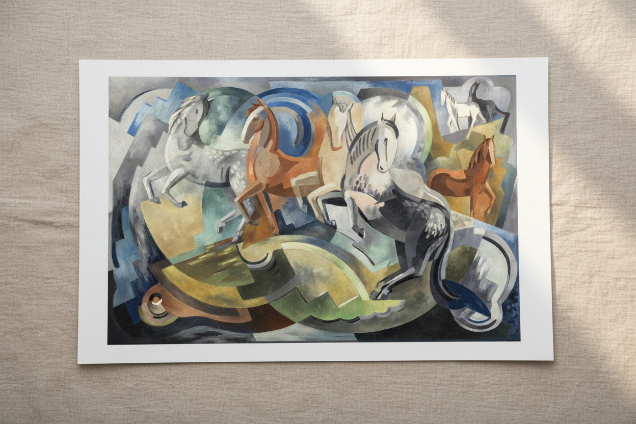 Achill Horses by Mainie Jellett – Collector’s Edition Irish Art Print unframed archival print resting on light linen fabric. Soft natural daylight, gentle shadows, artisanal fine-art photography style.
