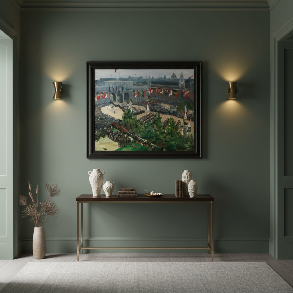 Admiralty Arch, Victory Parade, 19th July 1919 by Irish Artist John Lavery Art Print, A stylish hallway inspired by boutique hotels—muted green walls (Farrow & Ball ‘Card Room Green’), brass wall sconce lighting, slim console table with ceramic ornaments. The framed historical painting ‘Admiralty Arch, Victory Parade (1919)’ displayed as the focal point. Clean, feminine, luxurious.