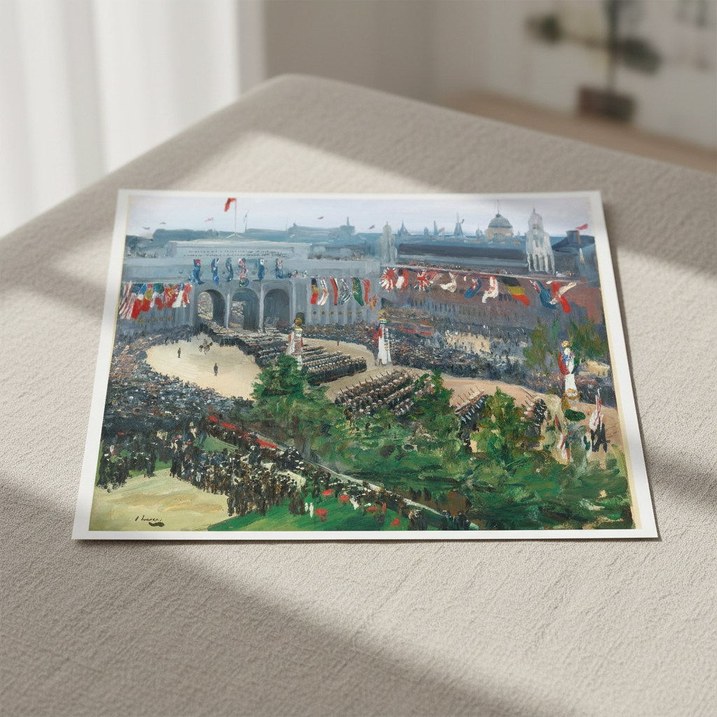 Admiralty Arch, Victory Parade, 19th July 1919 by Irish Artist John Lavery Art Print
40×50 cm unframed archival print resting on light linen fabric. Soft natural daylight, gentle shadows, artisanal fine-art photography style.
