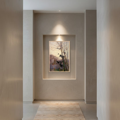 Boutique hallway: 30×45 cm Oak frame in a slim niche; plaster limewash walls, runner rug, museum-style downlight.