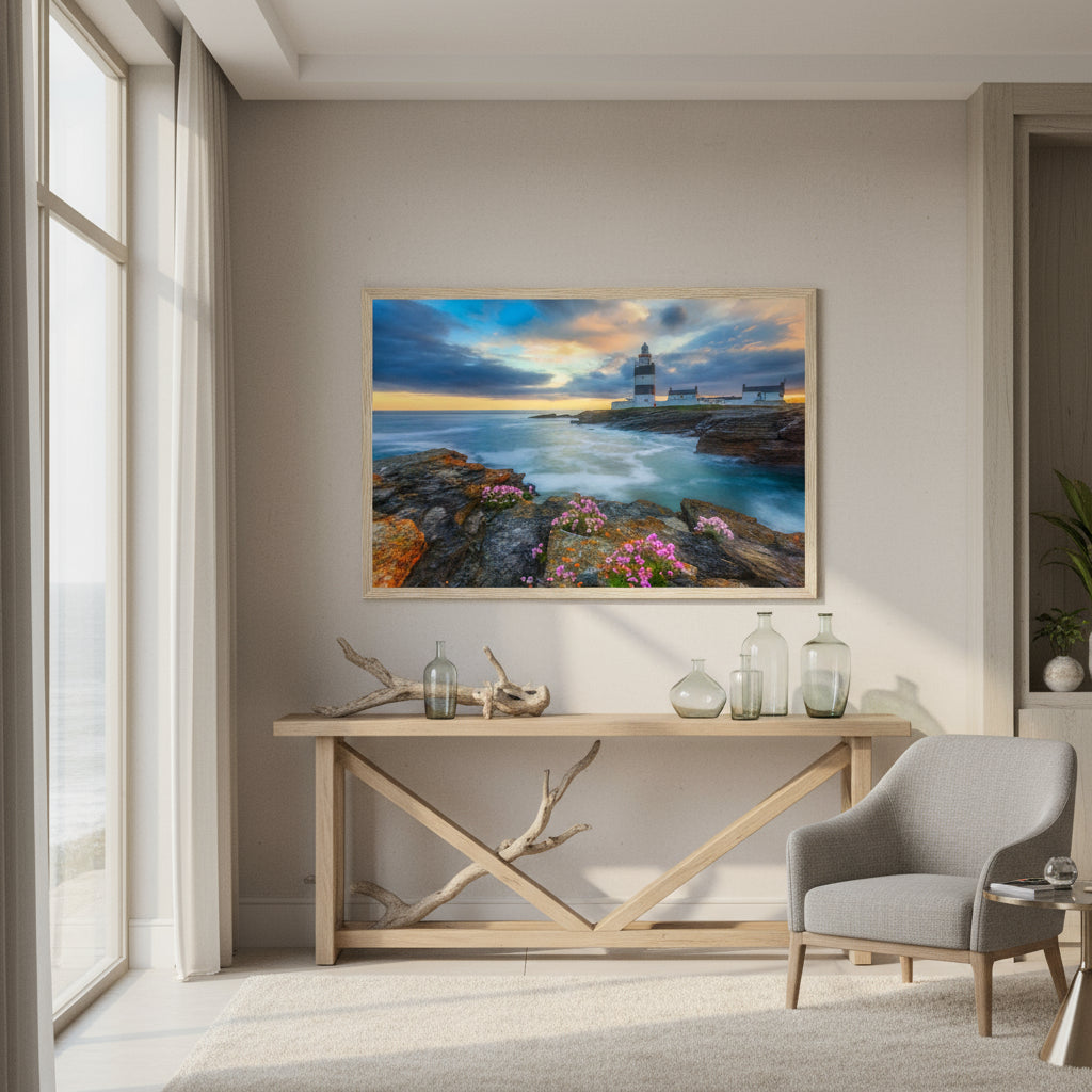 Boutique hotel lobby on the Irish coast; Hook Head Lighthouse print hung over a console table with driftwood and glass vessels.