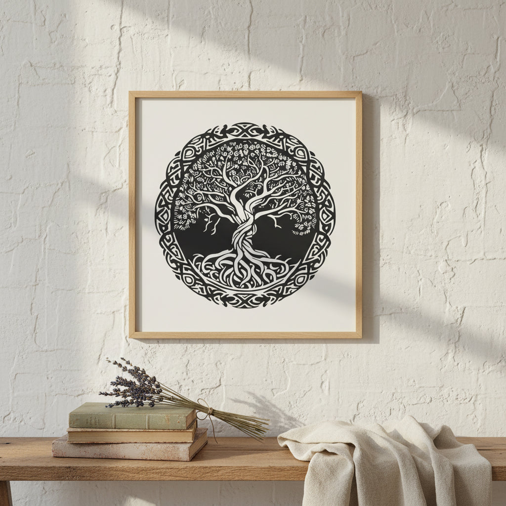 Celtic Tree of Life framed print in light oak wood frame hanging on whitewashed cottage wall. 