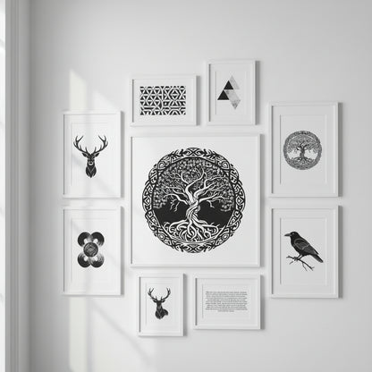 Celtic Tree of Life print in a white wooden frame displayed on clean white wall among other monochrome art prints. Soft daylight, gallery aesthetic, minimalist composition, high contrast focus on intricate linework.