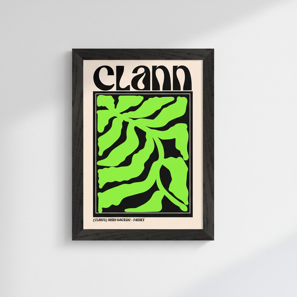 Framed Clann print in a black frame hanging on a clean white wall. Soft natural daylight, shadows, premium editorial style. Buy Irish Art