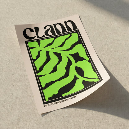 Clann – Irish Family Print | Gaelic Wall Art & Irish Home Decor unframed archival print resting on light linen fabric. Soft natural daylight, gentle shadows, artisanal fine-art photography style.
