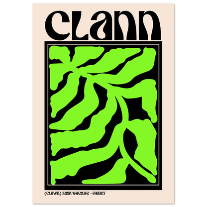 Clann Irish family print with bold green abstract floral design and Gaelic typography.