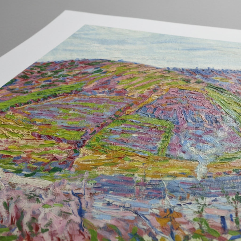 Close-up crop of Paysage, Pont Aven (1892) by Roderic O’Conor, showing thick Post-Impressionist brushstrokes and vibrant purples, greens and blues, photographed on matte archival paper, soft neutral background, studio lighting to emphasise texture.