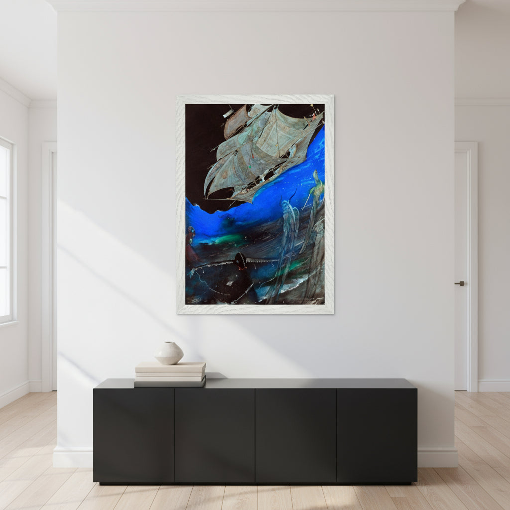 Collector’s Edition illustration in white gallery frame, displayed in bright contemporary hallway, black console table with stacked art books and ceramic sculpture, natural light, minimal decor.
