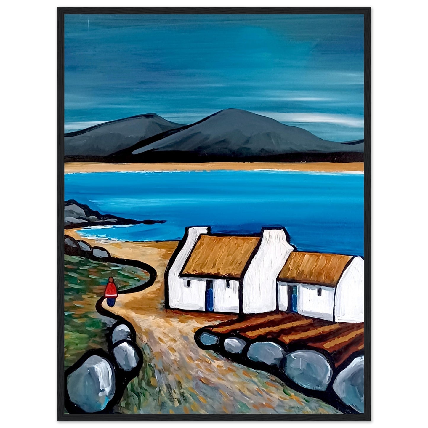 Connemara Lakes Cottage Irish art print 60x80 cm framed in black frame