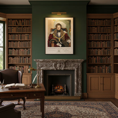 Historic study with dark green walls, oak bookcases and brass picture light; Daniel O’Connell Lord Mayor portrait in black frame above fireplace.”