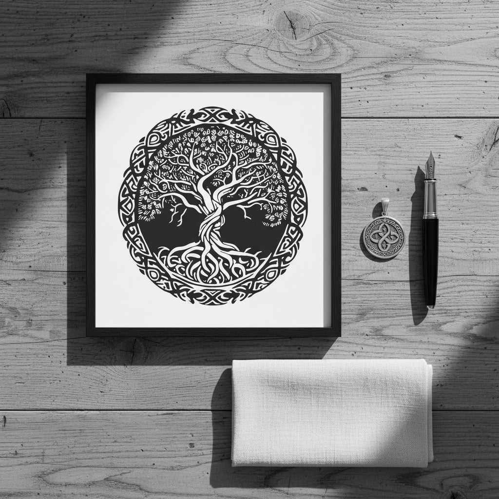 Flat-lay of Celtic Tree of Life print in black frame placed on rustic wooden table beside fountain pen, Celtic pendant, and folded linen cloth. Natural daylight, artistic storytelling tone, black-and-white elegance.