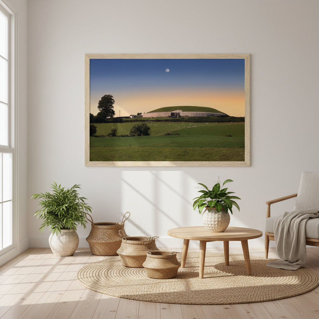 Framed Irish landscape print of Newgrange in natural oak, displayed in a bright coastal living space with whitewashed walls, woven textures, and plants. The warm wooden frame harmonizes with earthy interiors — natural sunlight streaming in, refined organic aesthetic.