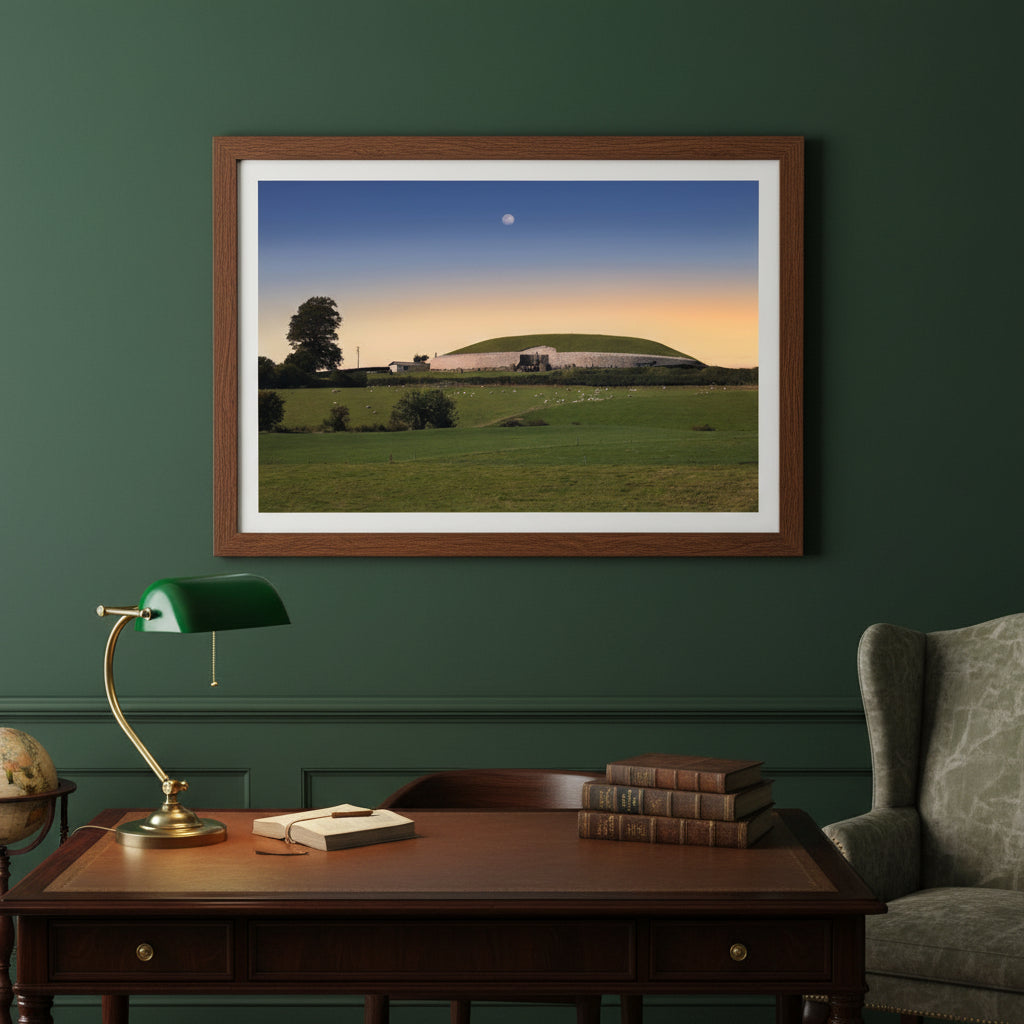 Newgrange framed print: A depiction of the ancient Irish monument, Framed Newgrange print in a Georgian-style Irish study with deep green walls, brass lamp, and stacked history books. Oak frame, elegant timeless atmosphere.