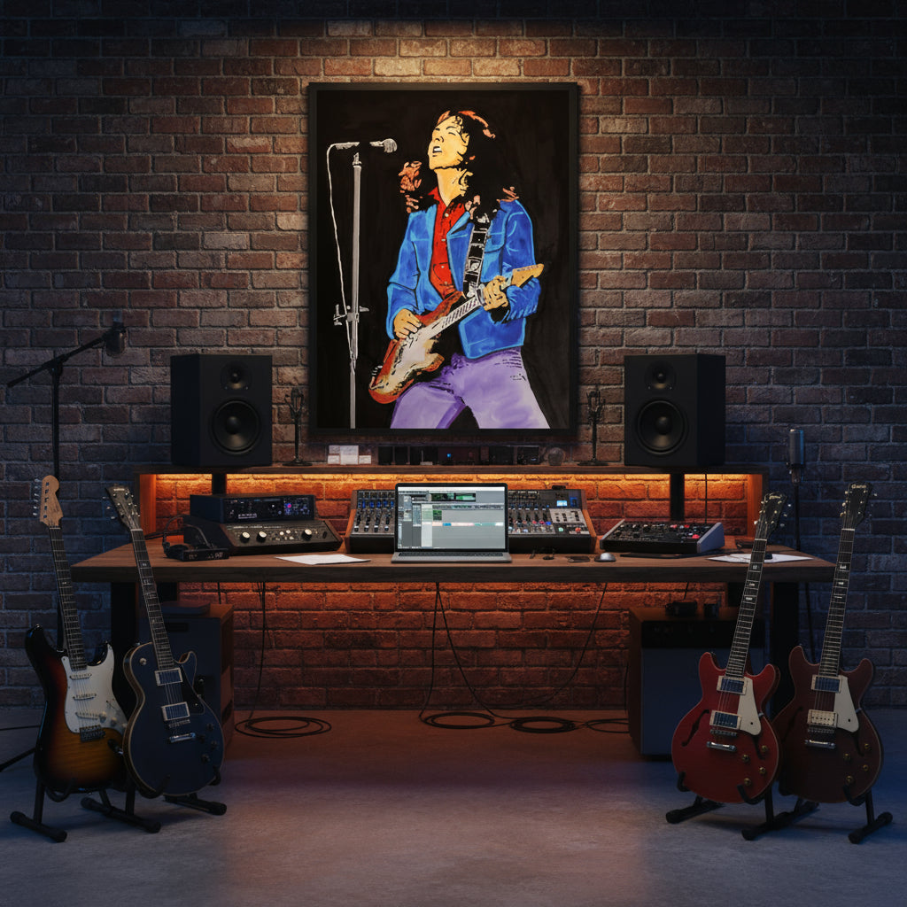 Framed Rory Gallagher art print on wall of modern music studio with guitar, amplifier and recording equipment.