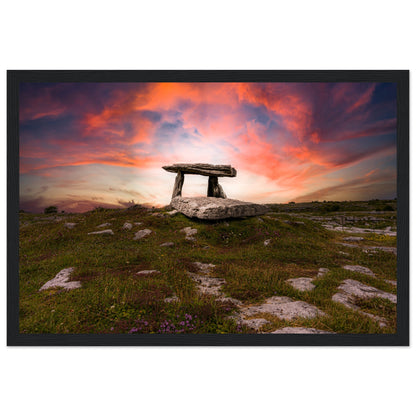 Framed photographic print of Poulnabrone Dolmen on the Burren limestone landscape in County Clare, Ireland.