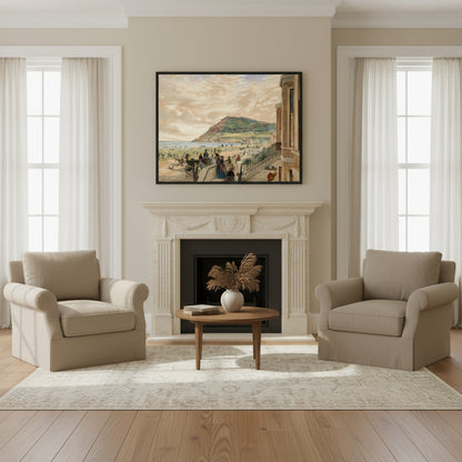 Framed print of The Seafront at Bray above a limestone fireplace in a Georgian seaside home, muted tones, linen armchairs and soft daylight from a bay window.