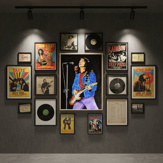 Gallery-style wall featuring Rory Gallagher artwork alongside vintage concert posters, vinyl records and framed memorabilia, softly lit with museum-style spotlights