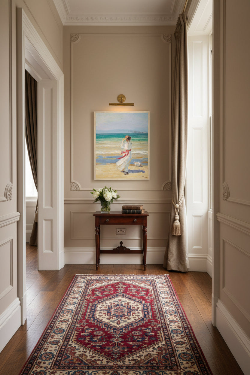 Georgian Dublin townhouse hallway, warm neutral paint, antique runner, brass picture light above, wood frame 40x50cm art