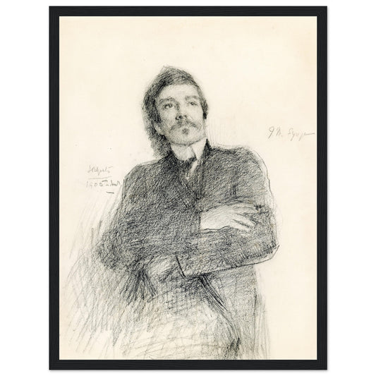 Graphite portrait of John Millington Synge by John Butler Yeats, framed in black gallery frame, museum-quality reproduction, Irish literary portrait.