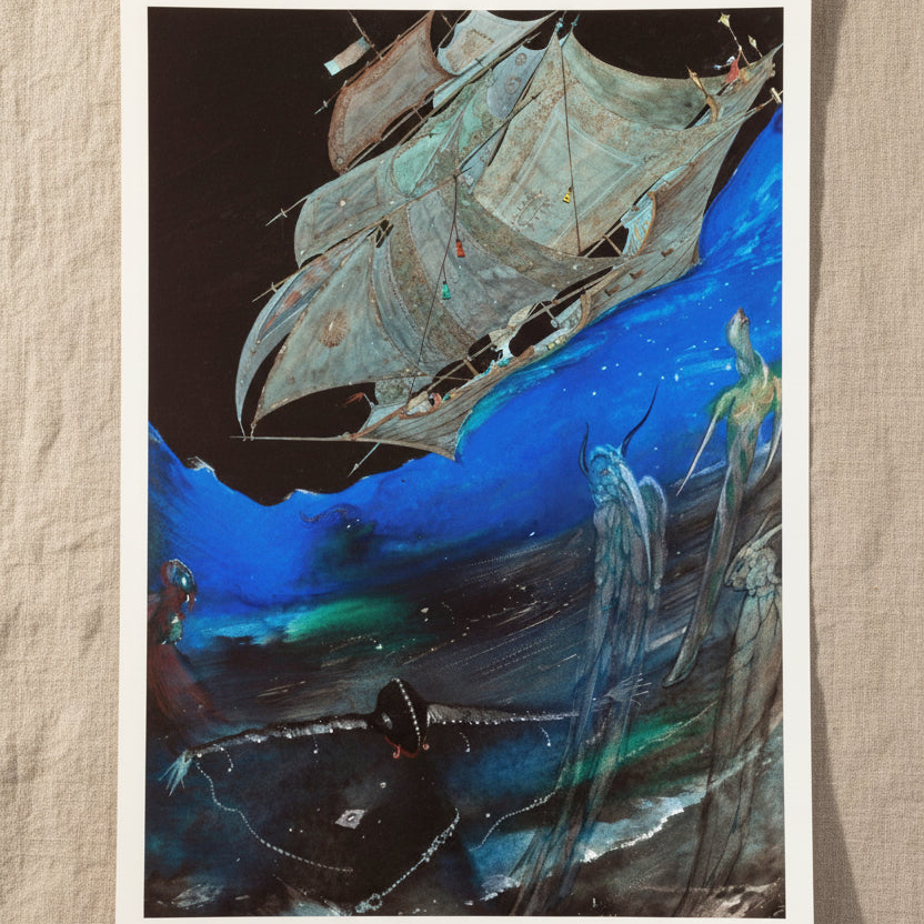 Artistic depiction of a ship on water with ghostly figures on a textured background Illustration by Harry Clarke for Poe’s Tales of Mystery and Imagination, Irish symbolist gothic art print