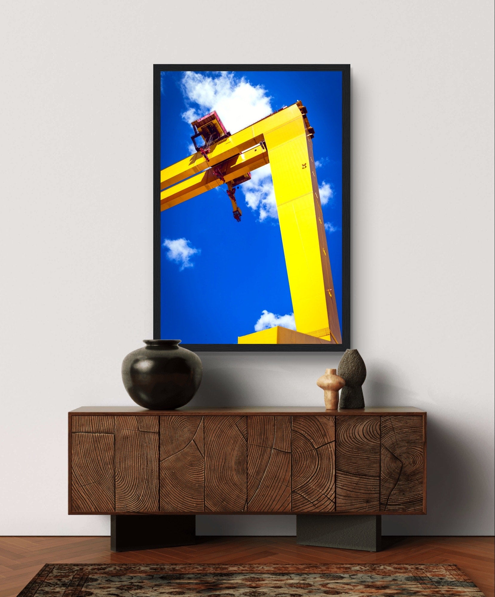 Harland & Wolff cranes against Belfast skyline, symbolizing maritime legacy. Perfect decor for history lovers and skyline enthusiasts.