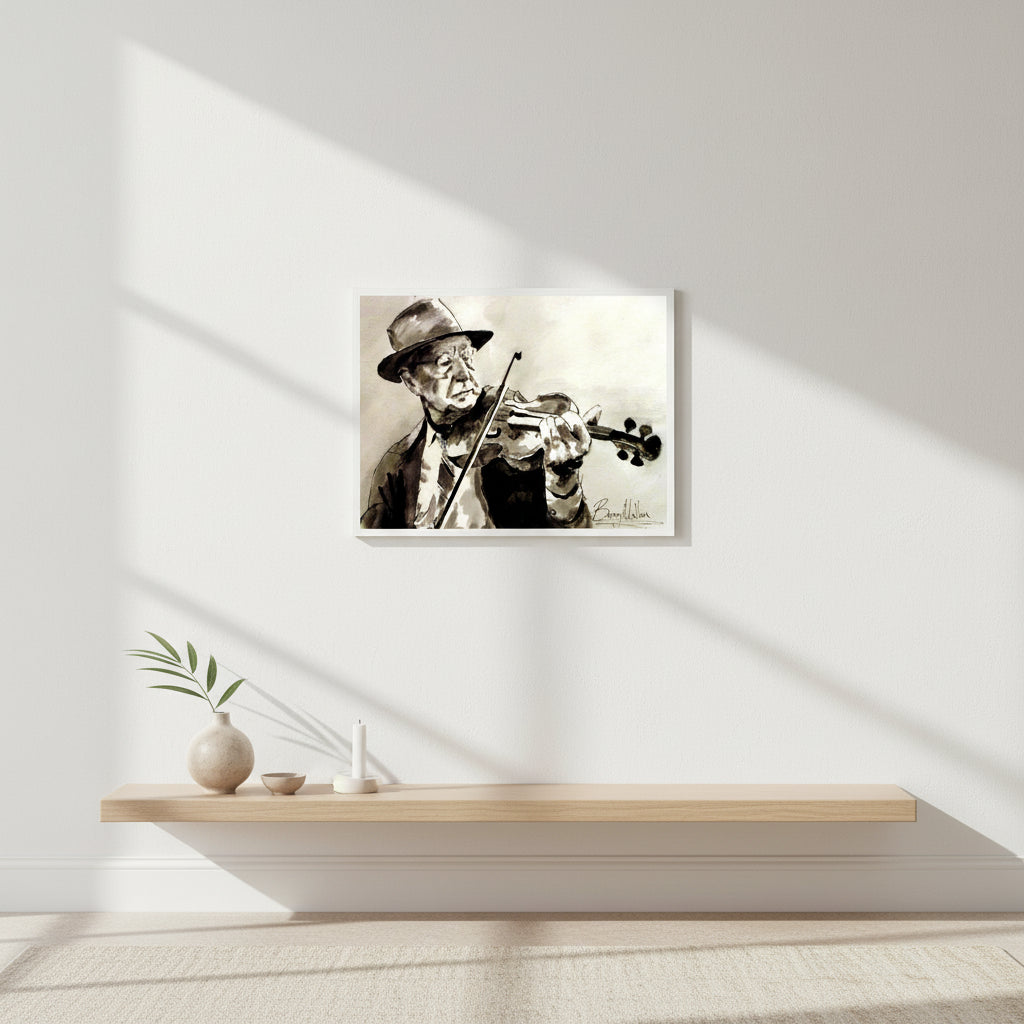 Irish fiddle player gallery print in slim white frame, bright airy wall, natural window lighting, Scandinavian-inspired interior, minimalist styling, soft neutral tones
