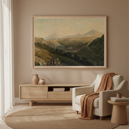 Large 60×90 cm framed print in natural wood Little and Great Sugar Loaf Mountains, museum-quality Irish landscape in a warm contemporary room.